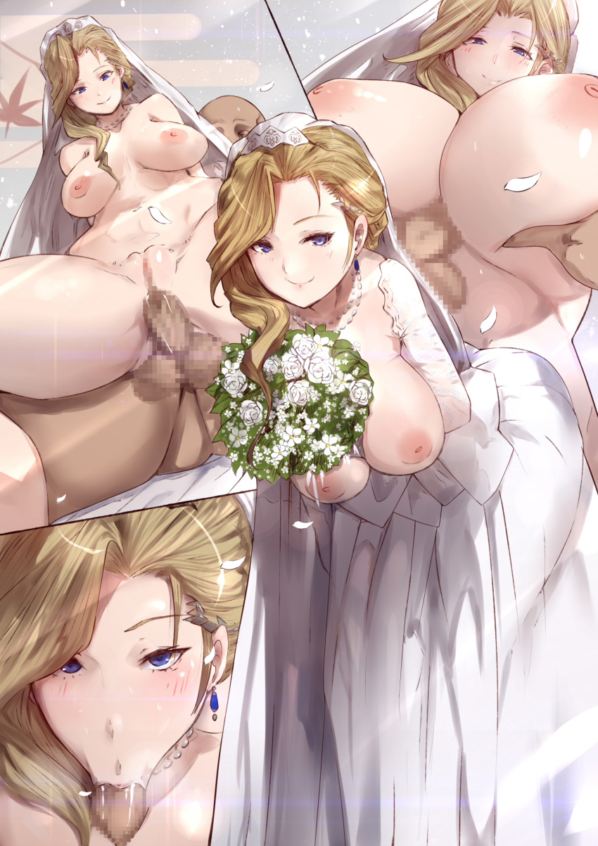 1girl :&gt;= agovitch areola azur_lane big_breasts blonde blue_eyes bouquet breasts breasts_apart breasts_out_of_clothes bridal_veil bride censored closed_mouth dress earrings flower groin high_resolution hood_(azur_lane) jewelry leaning_forward legs long_hair looking_at_viewer mosaic_censoring multiple_views nipples paizufella paizuri paizuri_lead_by_female penis potential_duplicate pussy sex smile spread_legs thighs vaginal veil wedding_dress