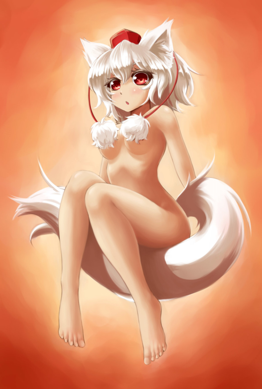 1girl :o animal_ears barefoot breasts censored convenient_censoring female hat high_res highres inubashiri_momiji mazume nude open_mouth pom_pom_(clothes) red_eyes silver_hair sitting solo tail tokin_hat touhou white_hair wolf_ears wolf_tail
