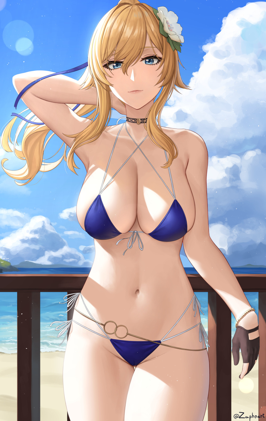 1girl alluring big_breasts bikini blonde_hair blue_eyes female_only genshin_impact hair_ornament hand_behind_head jean_gunnhildr looking_at_viewer midriff ponytail side-tie_bikini solo_female swimsuit thick thick_thighs thighs zaphn