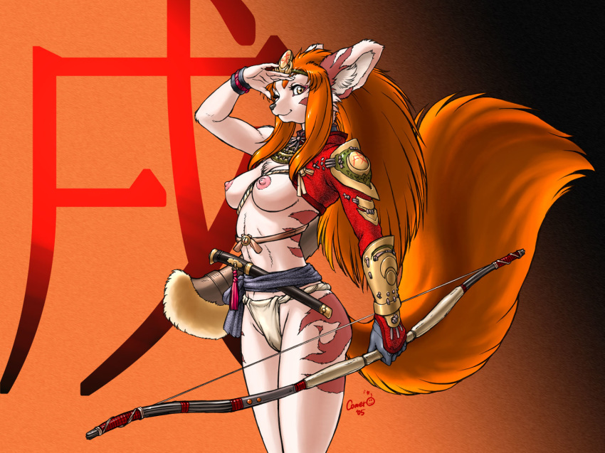 armor bow bracelet breasts canine dr_comet dr_comet_(artist) female fox fundoshi furry hair headband jewelry knife looking_at_viewer nipples red_hair sash smile solo topless unconvincing_armor underwear weapon wink yellow_eyes