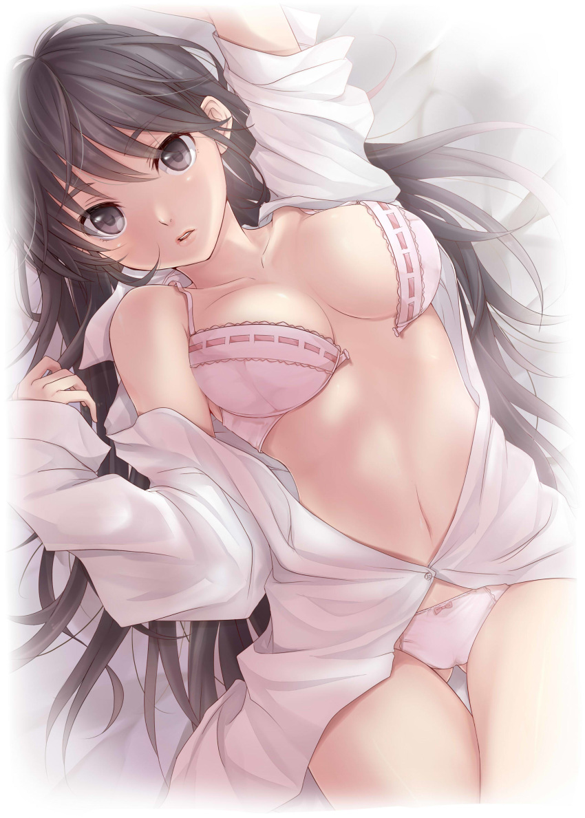 1girl absurd_res absurdres arm_up bare_shoulders black_eyes black_hair bow bow_panties bra breasts cleavage collarbone dress_shirt high_res highres lips long_hair looking_at_viewer masami_chie navel open_bra open_clothes open_shirt original panties parted_lips shirt sleeves_pushed_up solo thigh_gap underwear unfastened very_long_hair