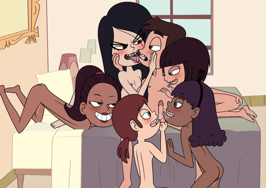 1boy 5girls andrea_(svtfoe) bedroom black_hair blue_eyes blush brittney_wong brown_eyes brown_hair chantelle cheerleader completely_nude completely_nude_female completely_nude_male green_eyes harem licking licking_chest licking_penis marco_diaz megan_gandlym nude sabrina_backintosh sixsome star_vs_the_forces_of_evil tongue