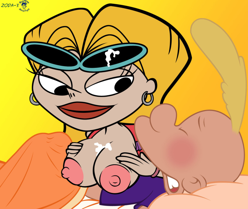 bed big_breasts bigtyme black_eyes blonde_hair blush bottomless bracelet breasts cleavage closed_eyes cum dexter's_laboratory ear_piercing earrings erect_nipples erection hair jewelry lipstick long_hair neighbor_lady nipples piercing pillow red_lipstick smile sunglasses testicles titeuf titeuf_(character) wide_hips zoda-x_(artist)