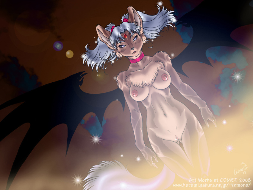 breasts collar decensored dr_comet dr_comet_(artist) female furry hair long_hair looking_at_viewer nipples nude ponytail purple_eyes pussy silver_hair solo standing wings