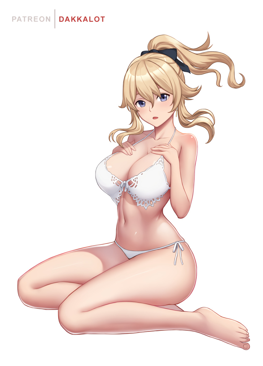 1girl alluring artist_name bangs bare_shoulders barefoot big_breasts bikini blonde_hair blush bow breasts cleavage collarbone dakkalot feet genshin_impact hair_bow hands_on_own_chest high_ponytail jean_(genshin_impact) jean_gunnhildr long_hair looking_at_viewer navel open_mouth ponytail purple_eyes sidelocks simple_background sitting swimsuit toes white_background white_bikini