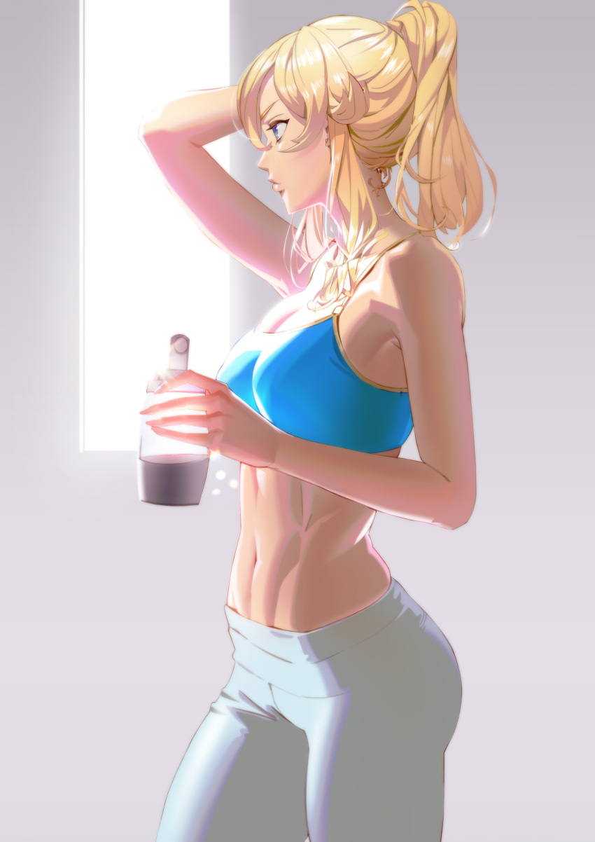 1girl 1girl abs absurd_res alluring alternate_costume athletic_female athungkaew blonde_hair blue_bra blue_eyes bottle bra breasts casual cleavage closed_mouth commentary cowboy_shot english_commentary expressionless female_abs fit_female from_side genshin_impact grey_background hair_between_eyes half_updo hand_on_own_head high_res holding holding_bottle jean_(genshin_impact) jean_gunnhildr lips medium_breasts medium_hair navel no_shirt pants ponytail profile sidelocks simple_background stomach sunlight tight tight_pants toned underwear water_bottle white_pants window