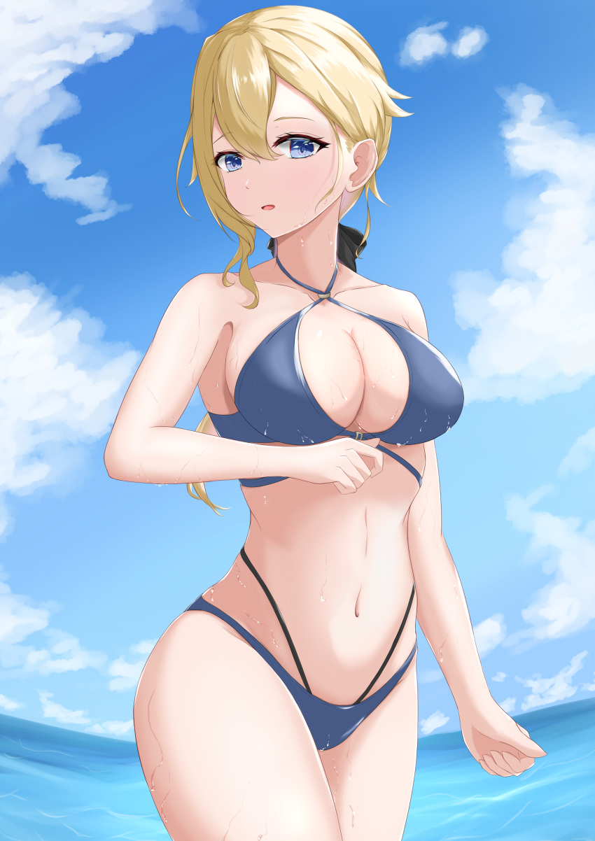 1girl 1girl :d absurd_res alluring bangs bare_arms bare_shoulders big_breasts black_bow blonde_hair blue_choker blue_eyes blue_sky blue_swimsuit bow breasts choker cleavage clenched_hand cloud collarbone commentary_request day genshin_impact hair_between_eyes hair_bow halterneck high_res jean_(genshin_impact) jean_gunnhildr light_blush long_hair looking_at_viewer multiple_straps navel obanana_(ahap7438) ocean open_mouth outside ponytail sidelocks sky smile swimsuit water