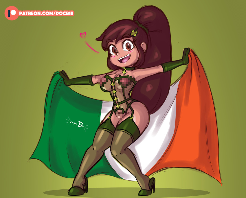 1girl aged_up alternate_version_available brown_hair brunette censored censored_nipples censored_pussy choker disney disney_channel disney_xd doc.b female female_focus flag footwear green_armwear green_background green_choker green_clothes green_clothing green_dress green_footwear green_heels green_legwear hair_ornament high_heels ireland irish_flag latina legwear lingerie long_hair long_thighhighs mariposa_diaz partially_clothed solo_female st._patrick's_day star_vs_the_forces_of_evil stockings wide_hips