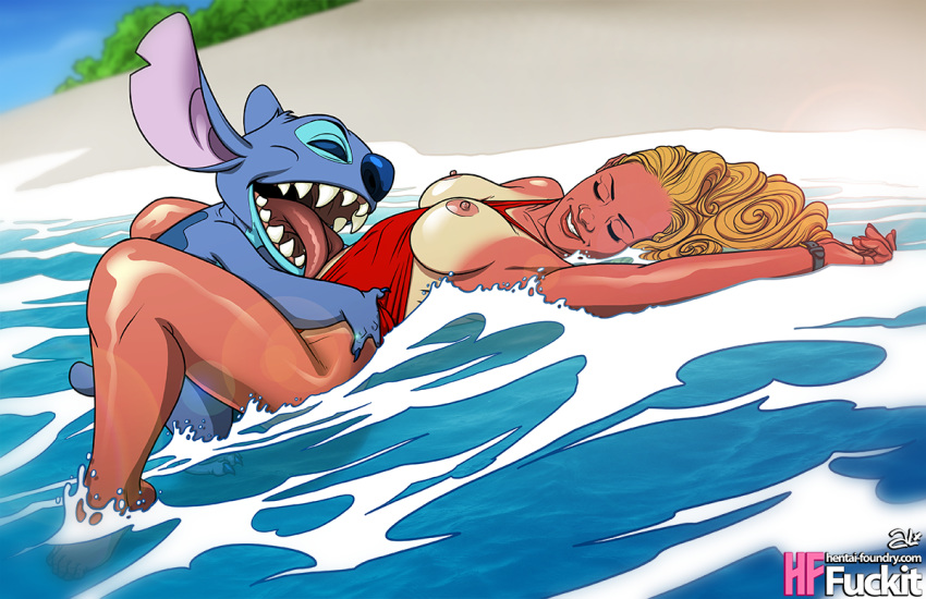 1boy 1girl alien alx_(fuckit) beach blonde blonde_hair breasts exposed_breasts female female_human female_human/male_alien fuckit_(artist) human human/alien interspecies lifeguard lifeguard_(lilo_and_stitch) lilo_and_stitch lying male male/female mostly_nude one-piece_swimsuit outdoor outdoor_sex outside red_swimsuit sex stitch swimsuit swimsuit_aside tan_line