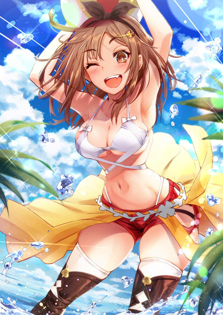 1girl ;d armpits atelier_(series) atelier_ryza ball beach beachball big_breasts bikini bikini_top black_hairband blush boots breasts brown_eyes brown_footwear brown_hair cleavage clothed_female cluseller cowboy_shot female_focus female_only hair_ornament hairband hairclip high_res holding holding_ball long_hair looking_at_viewer ocean one_eye_closed open_mouth outside red_shorts reisalin_stout short_shorts shorts smile solo_female solo_focus stockings swimsuit tagme teen thigh_high_boots thighs video_game_character video_game_franchise wading white_bikini white_legwear