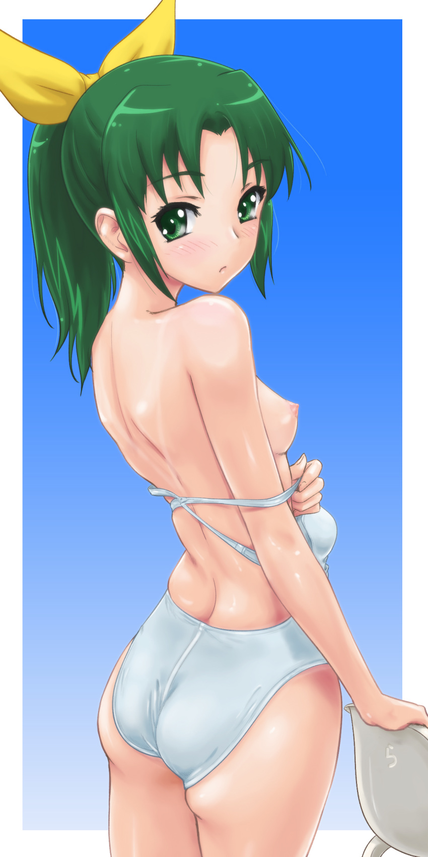 1girl :o absurd_res absurdres arm_support ass bare_shoulders blush breasts competition_swimsuit green_eyes green_hair high_res highres long_image looking_back midorikawa_nao nao_midorikawa nipples one-piece_swimsuit precure rasukaru shiny shiny_skin skindentation smile_precure! solo swimsuit tall_image undressing