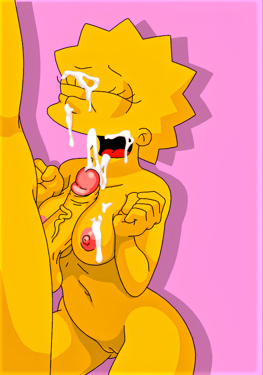 1boy 1girl aged_up cleft_of_venus closed_eyes completely_nude_female cum cum_on_breasts cum_on_face cumshot facial lisa_simpson nipples nude_female open_mouth paizuri pink_background pussy simple_background small_breasts spike_hair the_simpsons veiny_penis yellow_skin