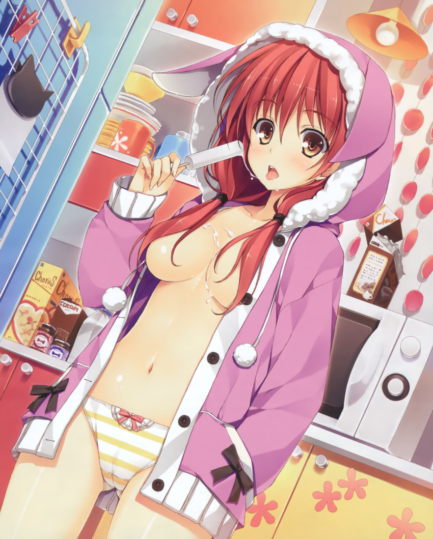 absurd_res absurdres belly blush bow bow_panties breasts cameltoe censor_hair food food_on_body food_on_face from_below hair hair_censor hand_in_pocket highres hood hooded_jacket jacket kitchen long_hair looking_at_viewer microwave navel no_bra open_clothes original panties popsicle red_hair sexually_suggestive solo standing striped striped_panties tongue underwear yellow_eyes yuuki_hagure