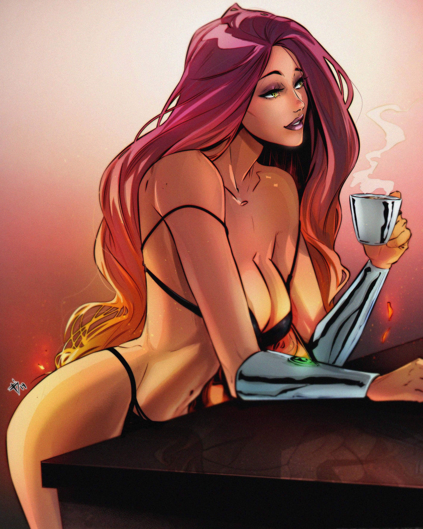 1girl big_breasts bracelet cleavage cup dc_comics fit_female green_eyes huge_breasts koriand'r long_hair oliuss red_hair starfire teen_titans thick_thighs underwear voluptuous