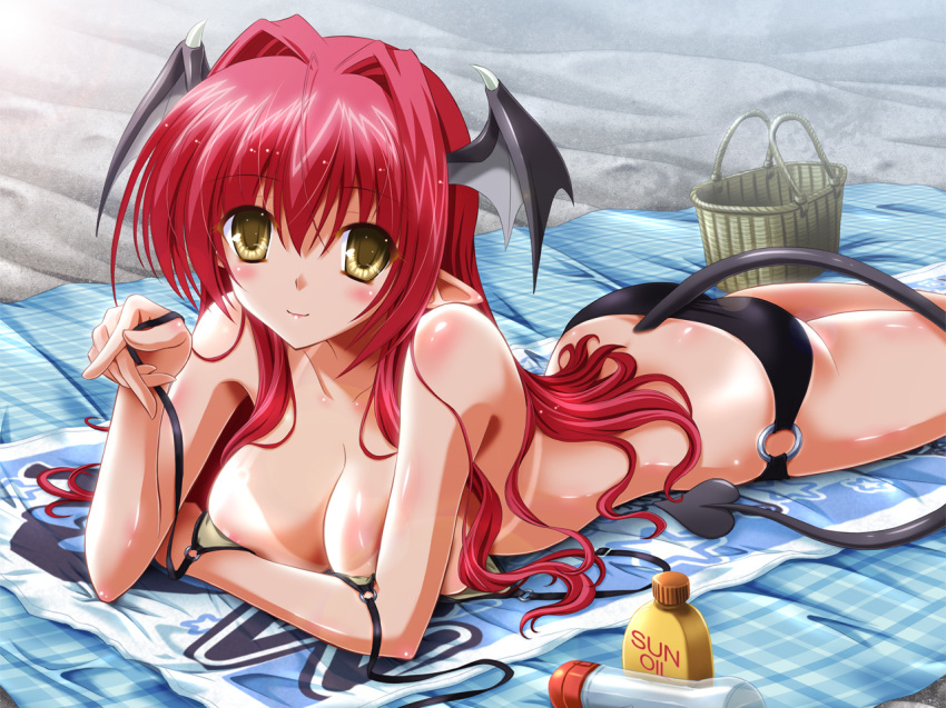 1girl ahoge areola areolae basket bat_wings big_breasts bikini black_bikini blush breasts cleavage collarbone demon_tail female hanging_breasts head_wings koakuma large_breasts long_hair looking_at_viewer lotion lying o-ring_swimsuit on_stomach pointy_ears red_hair shiny shiny_skin smile solo sunscreen suntan_lotion swimsuit tail tan tan_line tanline touhou towel wings yamu_(reverse_noise) yellow_eyes