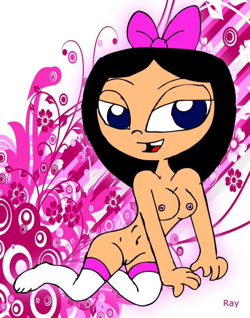 black_hair blue_eyes bow breasts disney hairless_pussy isabella_garcia-shapiro long_hair nipples nude phineas_and_ferb pussy rayryan_(artist) solo stockings