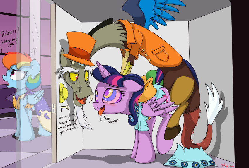 alicorn ambiguous_penetration cutie_mark discord_(mlp) draconequus dress drooling english_text female_pegasus friendship_is_magic from_behind horn hypnosis hypnotized interspecies male/female mind_control my_little_pony open_mouth partially_clothed pegasus pony rainbow_dash rainbow_dash_(mlp) sex tail tongue_out top_hat torn_dress twilight_sparkle twilight_sparkle_(mlp) wings