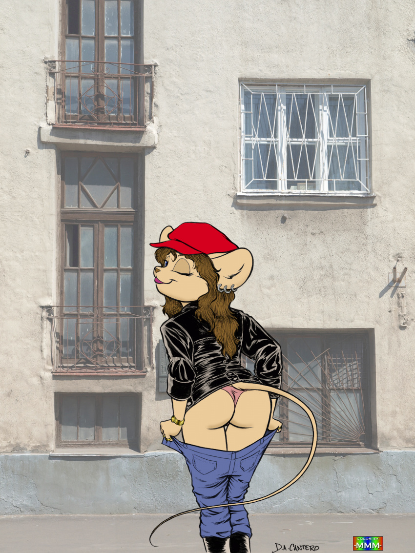 anthro ass blue_eyes brown_hair furry hat jewelry lipstick long_hair looking_back mooning mouse panties pants_down pants_pull piercings pink_panties ring rodent smile solo underwear
