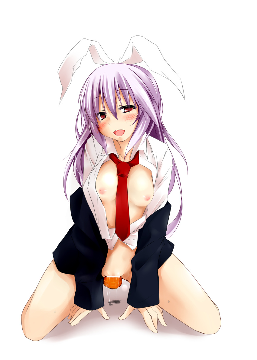 1girl all_fours animal_ears blazer blush bottomless breasts bunny_ears carrot censored dd_mayohara dildo dress_shirt female food food_insertion high_res highres insertion kneel kneeling long_hair neck_tie necktie nipples no_bra object_insertion open_clothes open_mouth open_skirt purple_hair pussy_juice red_eyes red_necktie reisen_udongein_inaba shirt simple_background skirt smile solo touhou vaginal vegetable_dildo white_background