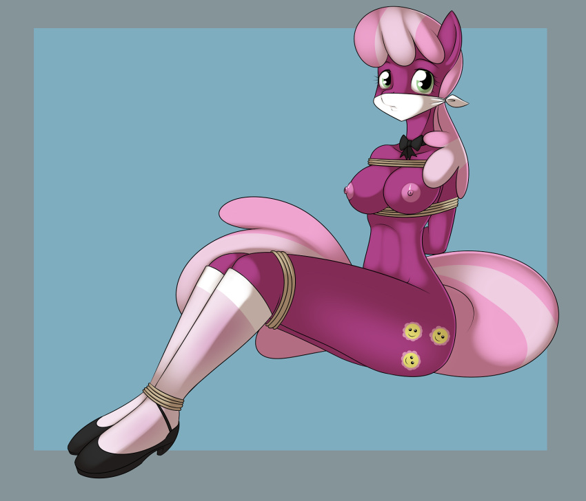 anthro bdsm bondage bound bow breasts cheerilee cheerilee_(mlp) cutie_mark equine female friendship_is_magic gag green_eyes horse kloudmutt kloudmutt_(artist) looking_at_viewer my_little_pony nude plain_background pony rope shoes sitting socks