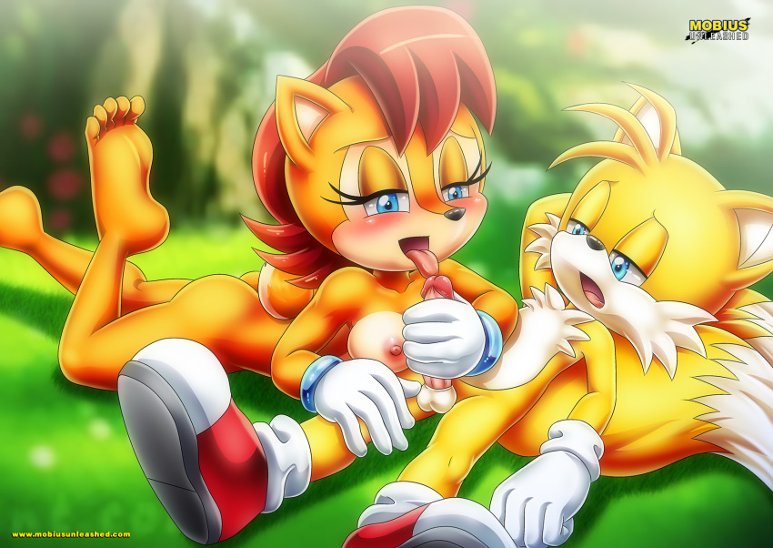 1girl archie_comics ass bbmbbf fellatio miles_"tails"_prower mobius_unleashed nipples palcomix sally_acorn sega sonic_(series) sonic_the_hedgehog_(series)
