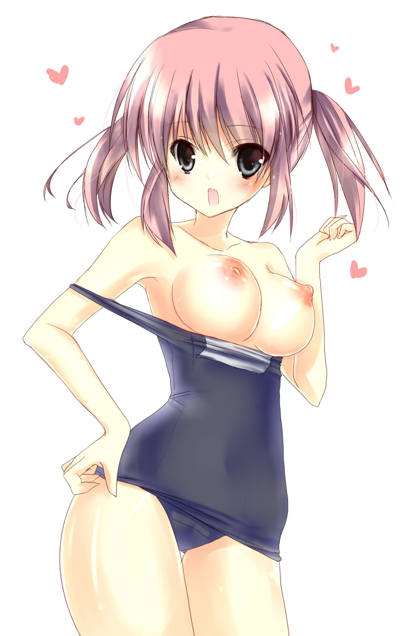 1girl absurd_res absurdres amane_ruri bad_id blue_eyes blush breasts brown_hair fang high_res highres nipples one-piece_swimsuit original school_swimsuit short_hair solo swimsuit swimsuit_pull twin_tails twintails type type_(artist)
