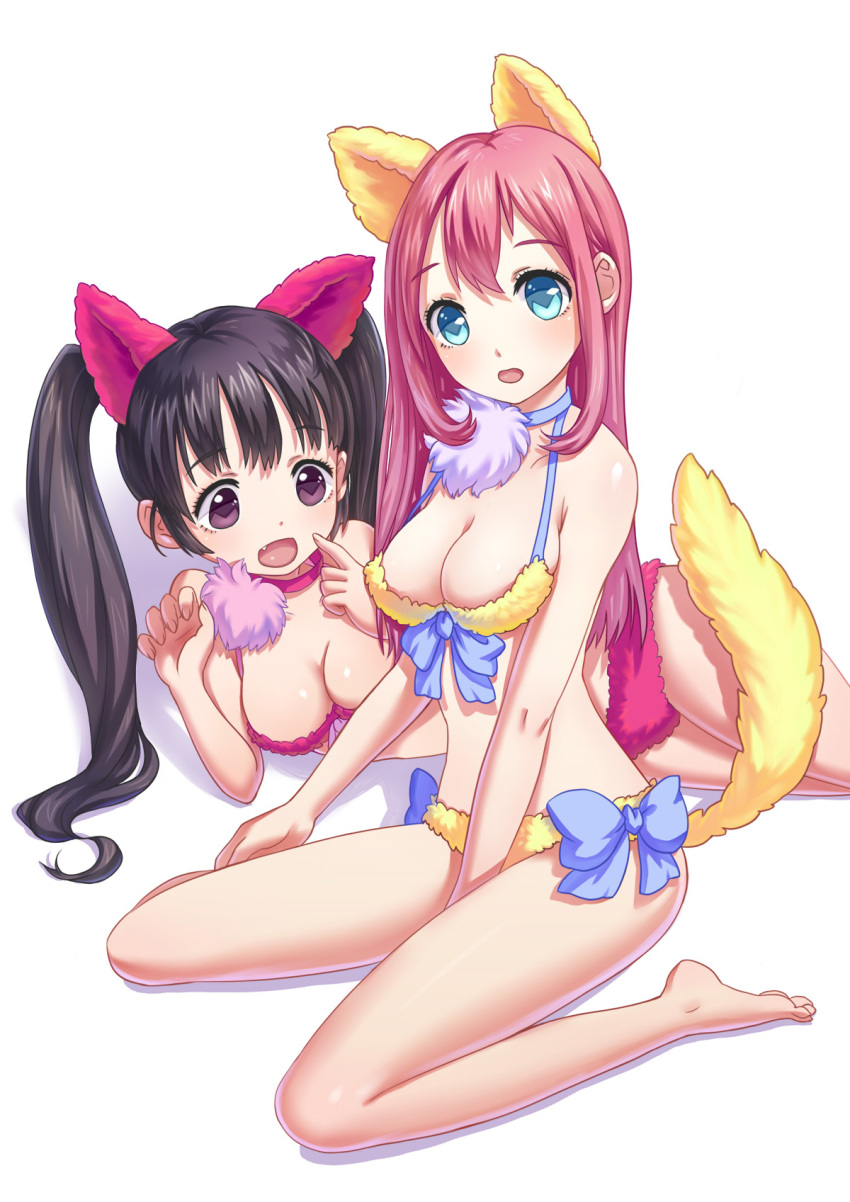 2girls animal_ears aqua_eyes bare_legs bare_shoulders barefoot bikini black_hair blue_eyes breasts choker cleavage fake_animal_ears fake_tail fang fox_ears fox_tail hair head_tilt high_res highres large_breasts leizhong long_hair lying multiple_girls navel on_side on_stomach open_mouth original pink_hair purple_eyes ribbon simple_background sitting smile strap_gap swimsuit tail twin_tails twintails wariza white_background