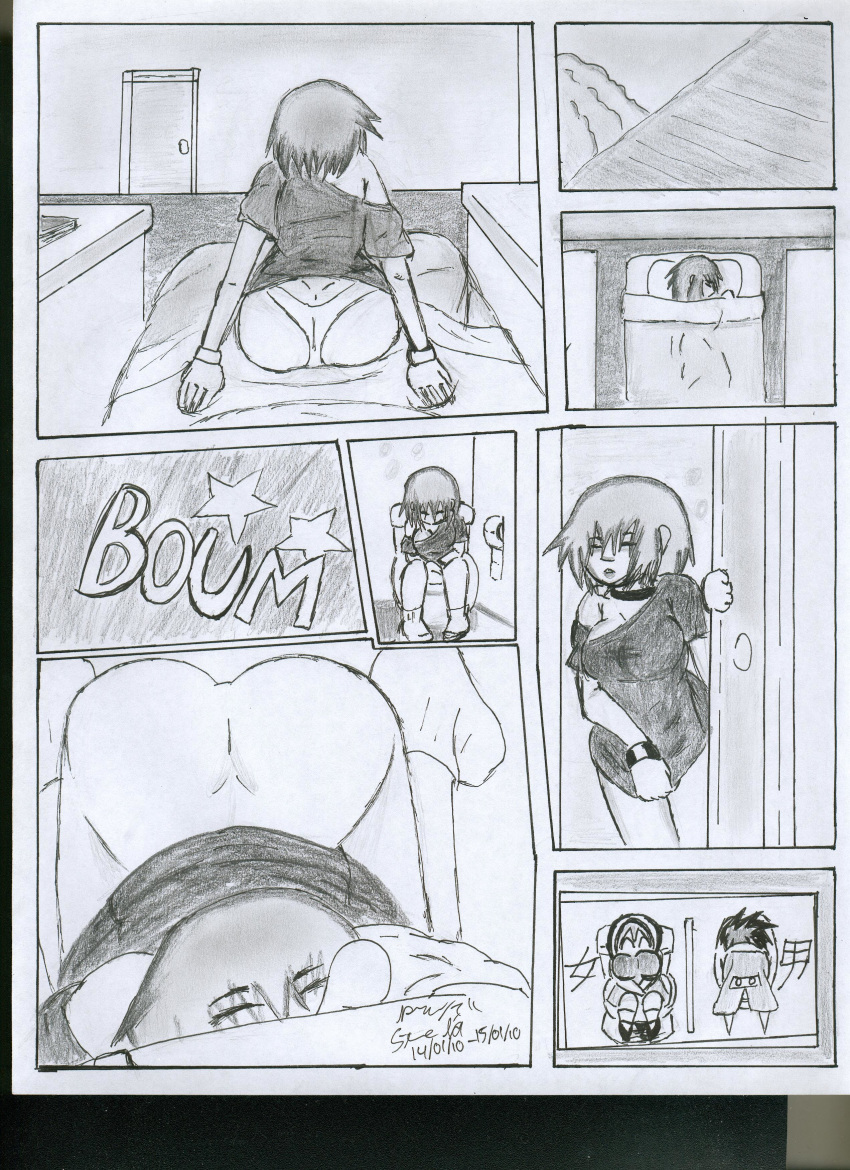 ass bed bent_over bottomless bracelet closed_eyes comic funny jewelry monochrome panties short_hair star toilet underwear