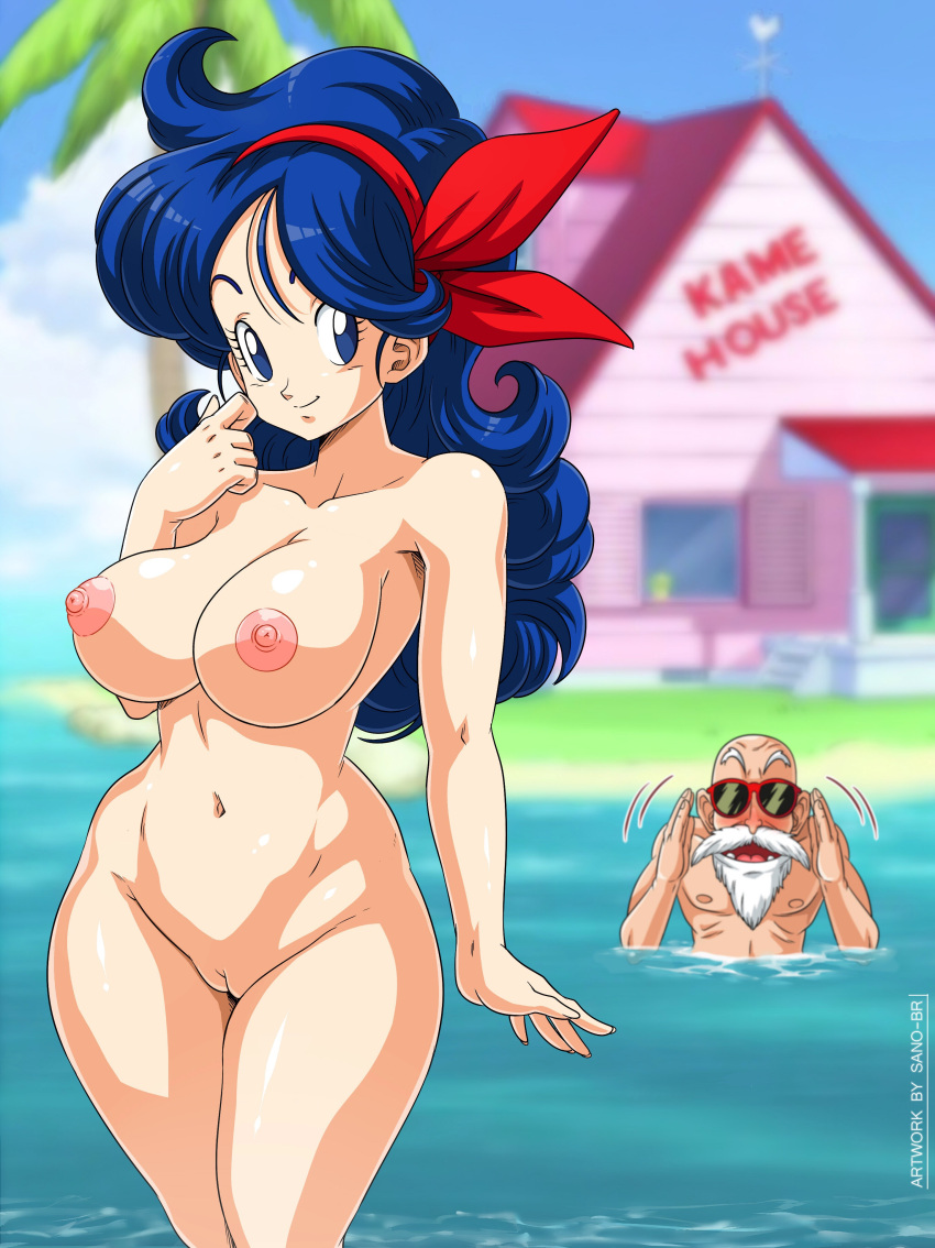 1girl artist_name bangs beach belly belly_button big_breasts bikini bikini_bottom bikini_top black_bikini blue_eyes blue_hair border bow bowtie breasts cameltoe character_name cleavage curly_hair curvaceous curvy curvy_figure dragon_ball dragon_ball_(classic) female_focus good_launch hair_ornament high_res high_resolution highleg highleg_bikini highleg_swimsuit hourglass_figure house kame_house launch legs_together light-skinned_female light_skin long_hair looking_at_viewer master_roshi navel parted_bangs partially_visible_vulva patreon_username pose posing red_border sano-br shiny shiny_skin shounen_jump side-tie_bikini slim_waist smile stockings swimsuit thick_thighs thighs thin_waist v wide_eyed wide_hips