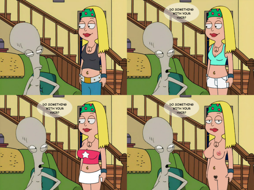 american_dad big_breasts blonde_hair breasts clothes erect erect_nipples hair half-closed_eyes hayley_smith mfrost peace_symbol peace_symbol_necklace pubic_hair roger_(american_dad) text