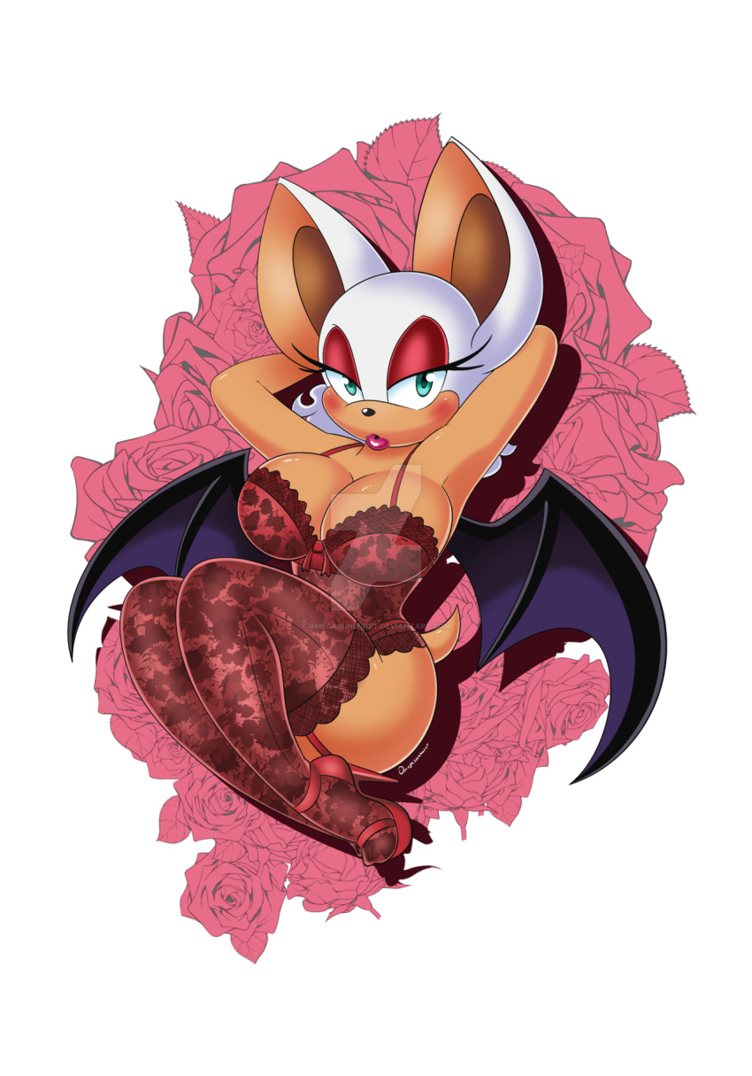 1girl anthro arms_behind_head bat_wings bedroom_eyes blue_eyes blush breasts cleavage flower furry high_heels large_breasts lingerie lips lipstick looking_at_viewer makeup mascara omegasunburst parted_lips red_high_heels red_legwear red_lingerie rouge_the_bat sega tail thighhighs thighs