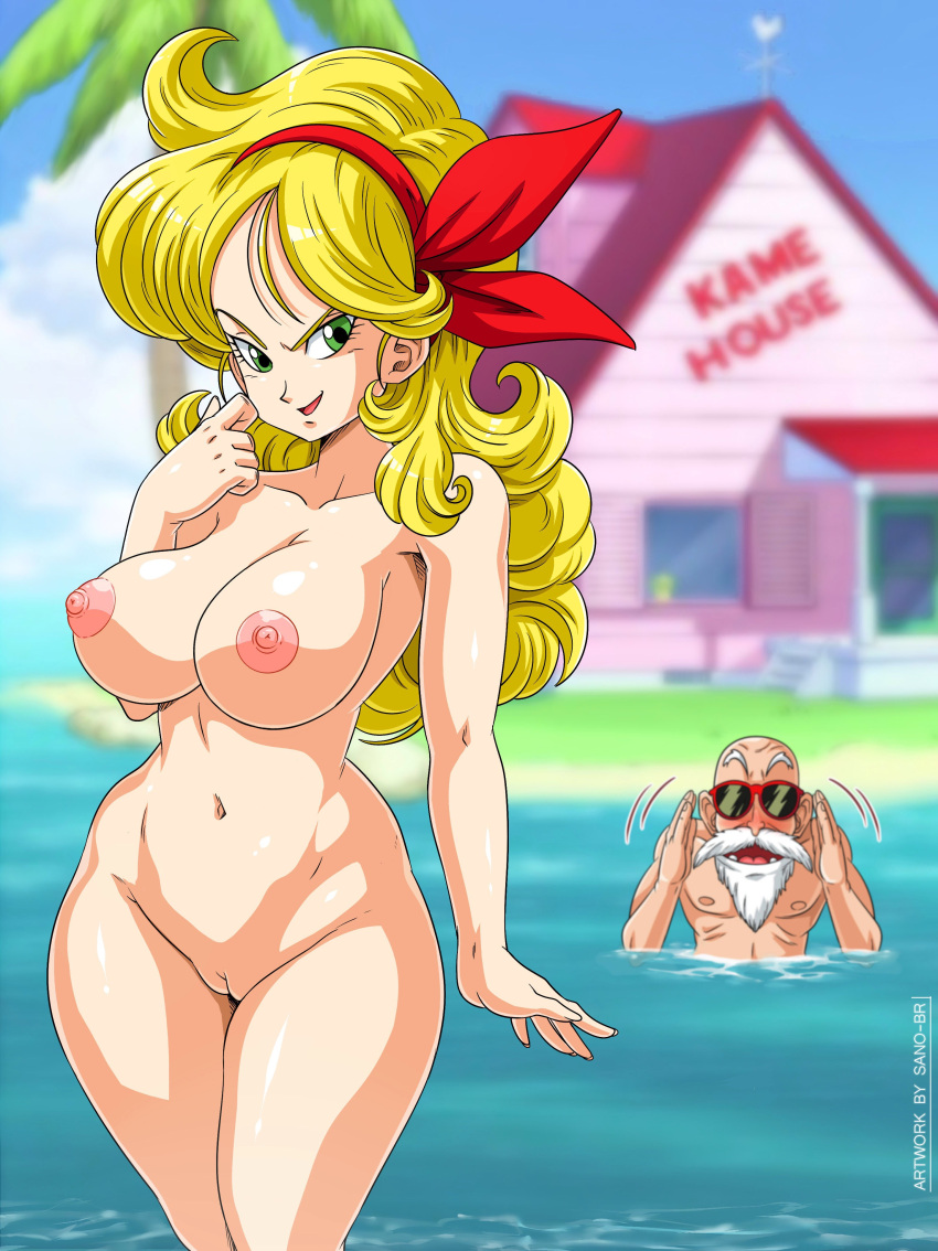 1girl angry_launch artist_name bad_launch bangs beach belly belly_button big_breasts bikini bikini_bottom bikini_top black_bikini blonde_hair border bow bow_tie bowtie breasts cameltoe character_name cleavage curly_hair curvaceous curvy curvy_figure dragon_ball dragon_ball_(classic) female_focus green_eyes hair_ornament high_res high_resolution highleg highleg_bikini highleg_swimsuit hourglass_figure house kame_house launch launch_(dragon_ball) legs_together light-skinned_female light_skin long_hair looking_at_viewer lunch_(dragon_ball) master_roshi naughty_face navel parted_bangs partially_visible_vulva patreon_username pose posing red_border sano-br shiny shiny_skin shounen_jump side-tie_bikini slim_waist smile stockings swimsuit thick_thighs thighs thin_waist v wide_eyed wide_hips