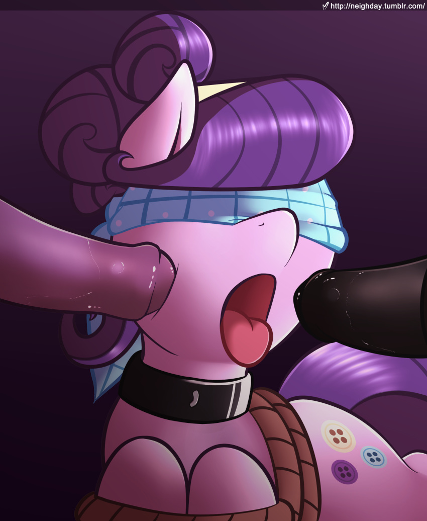 1girl 2boys blindfold blindfolded bondage cutie_mark earth_pony erection friendship_is_magic horsecock male/female my_little_pony nude open_mouth penis penis_against_cheek pony suri_polomare suri_polomare_(mlp) tied tongue_out