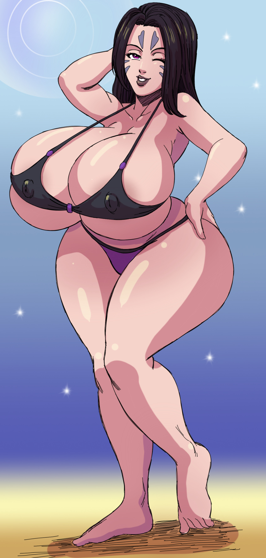 1girl ass bikini breasts commission curvy grin huge_ass huge_breasts justonehumanjoh kai'sa league_of_legends long_hair looking_at_viewer nipples nipples_visible_through_clothing posing riot_games smile thicc thick_thighs thighs voluptuous wink