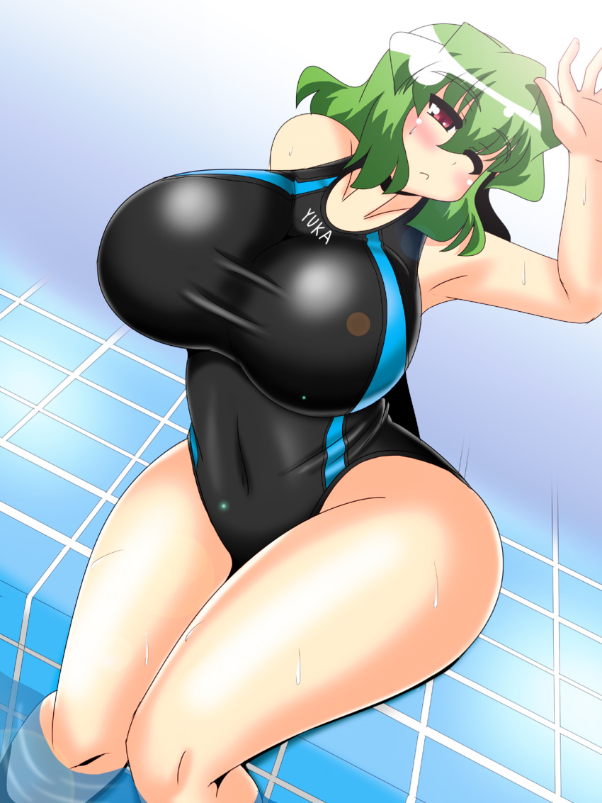 1girl adidas akasode_(tyaramu) blush breasts competition_swimsuit covered_navel green_hair huge_breasts kazami_yuuka one-piece_swimsuit one_eye_closed pool poolside red_eyes short_hair sitting soaking_feet swimsuit thick_thighs thighs touhou water wide_hips