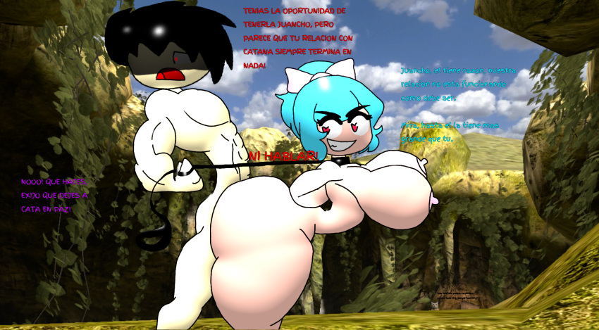 abs angry artist_request bad_suarez_(zexperience) big_ass big_breasts black_hair blue_hair cheating cheating_girlfriend collar cuckold heart-shaped_pupils hispanic humiliation jungle muscular_male original_characters pink_nipples red_eyes smile spanish_text srjuancho_(hispanic_youtuber) srta_catana_(hispanic_youtuber) tasteofchoklit text traced unseen_male white_skin youtube youtuber youtuber_boy youtuber_girl