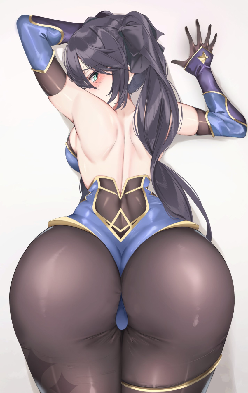 1girl 1girl armwear ass ass_focus back back_view backboob bannou_ippoutsukou big_ass black_hair blush breasts clothed_female clothing dat_ass eyes female_focus female_only genshin_impact green_eyes hair huge_ass leggings leotard long_hair mature mature_female mona_(genshin_impact) mona_ass sideboob solo_female solo_focus tagme thick_thighs thighs twin_tails video_game_character video_game_franchise
