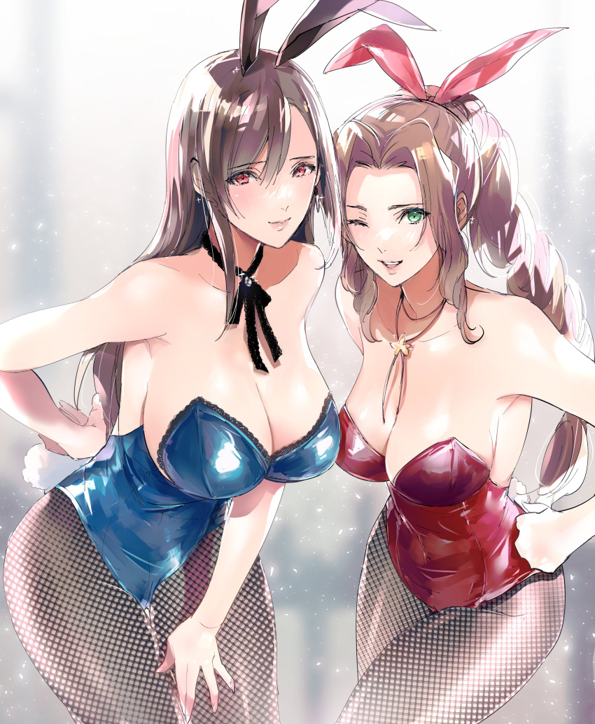 2_girls absurd_res absurd_res aerith_gainsborough alternate_costume animal_ears bare_shoulders big_breasts big_breasts big_breasts braided_ponytail breast_focus breasts breasts_focus brown_hair bunny_ears bunny_girl bunny_tail bunnysuit choker cleavage clothed_female curvy eye_contact female_focus female_only final_fantasy final_fantasy_vii final_fantasy_vii_remake fishnet fishnet_legwear fishnet_pantyhose fishnets green_eyes grin hand_on_hip high_res high_res high_resolution jewelry leotard light-skinned_female light_skin long_hair looking_at_viewer mature mature_female medium_breasts multiple_girls playboy_bunny ponytail pov_eye_contact rabbit_ears rabbit_tail red_eyes ribbon_choker shoji_sakura simple_background smile smiling_at_viewer square_enix thick_thighs thighs tifa_lockhart video_game_character video_game_franchise voluptuous voluptuous_female wink winking winking_at_viewer