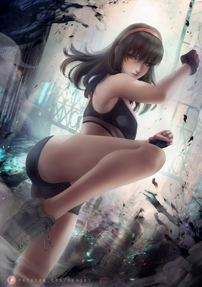 1girl alluring axsens bare_shoulders big_breasts breasts brown_hair dead_or_alive female_only hitomi hitomi_(doa) looking_at_viewer medium_breasts medium_hair pose shorts silver_eyes solo_female sports_bra sportswear tecmo