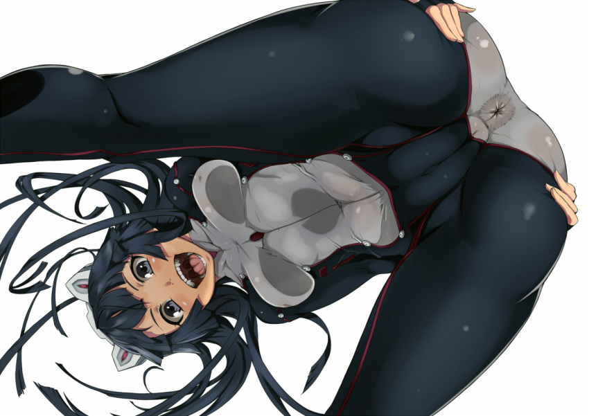 1girl anus ass bad_id bangs bent_over black_hair bodysuit cameltoe covered_navel erect_nipples fat_mons from_below grey_eyes guilty_crown headgear impossible_clothes long_hair looking_down looking_through_legs navel nipples nuezou open_mouth see-through simple_background skin_tight solo spread_ass spread_legs teeth tongue tsugumi_(guilty_crown) uvula white_background