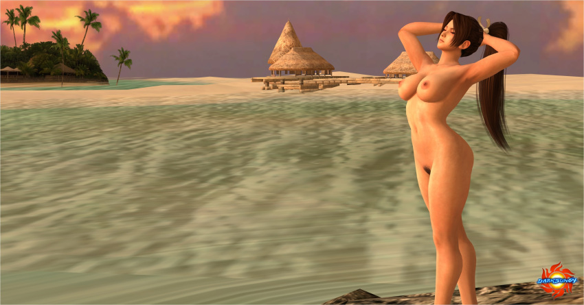 alluring arched_back beach big_breasts breasts bush closed_eyes darksun64 dead_or_alive dead_or_alive_5 fully_nude hairy_bush hairy_vagina hands_behind_head king_of_fighters kunoichi lips long_legs mai_shiranui navel nipples nude nude_female ponytail presenting pubic_hair public_nudity pussy pussy_hair seductive snk stretching sunset tanned tecmo tropical voluptuous