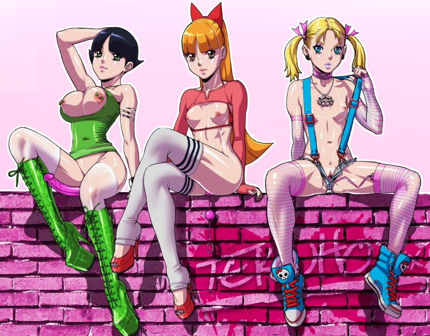 3girls aged_up black_hair blonde blonde_hair blossom_(ppg) blue_eyes bob_cut boots bubbles_(ppg) buttercup_(ppg) cartoon_network dildo green_eyes high_heels multiple_girls powerpuff_girls red_eyes red_hair siblings sisters stockings tekuho_(artist) tied_hair twintails vibrator