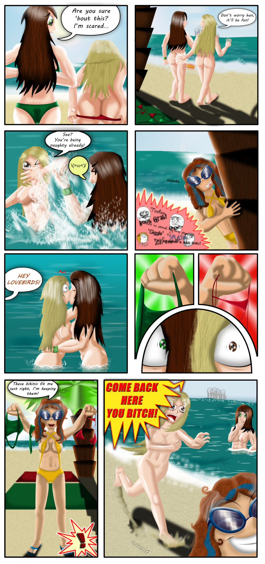abs angry ass beach blonde_hair breasts brown_eyes brown_hair cfnf cleavage closed_eyes clothed_female_nude_female clothes_thief comic cover_up embarrassing enf female_butt_nudity female_full_frontal_nudity female_nudity fully_nude_girls_skinny_dipping funny goggles green_eyes kissing long_hair multicolored_hair nude nude_for_laughs ocean pubic_hair pussy skinny_dipping smile surprise undressing water