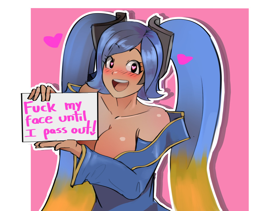 ass bitch blue_hair breasts happy heart-shaped_pupils huge_ass huge_breasts league_of_legends looking_at_viewer sign sona stormbringer two-tone_hair