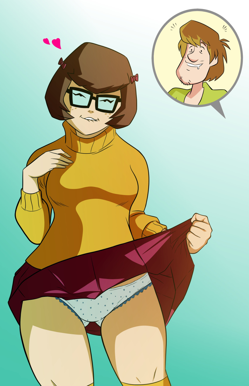 1boy 1girl biting_lip clothed female flashing glasses male panties scooby-doo shaggy short_hair skirt skirt_lift skirt_lifted_by_self standing thigh_gap velma_dinkley