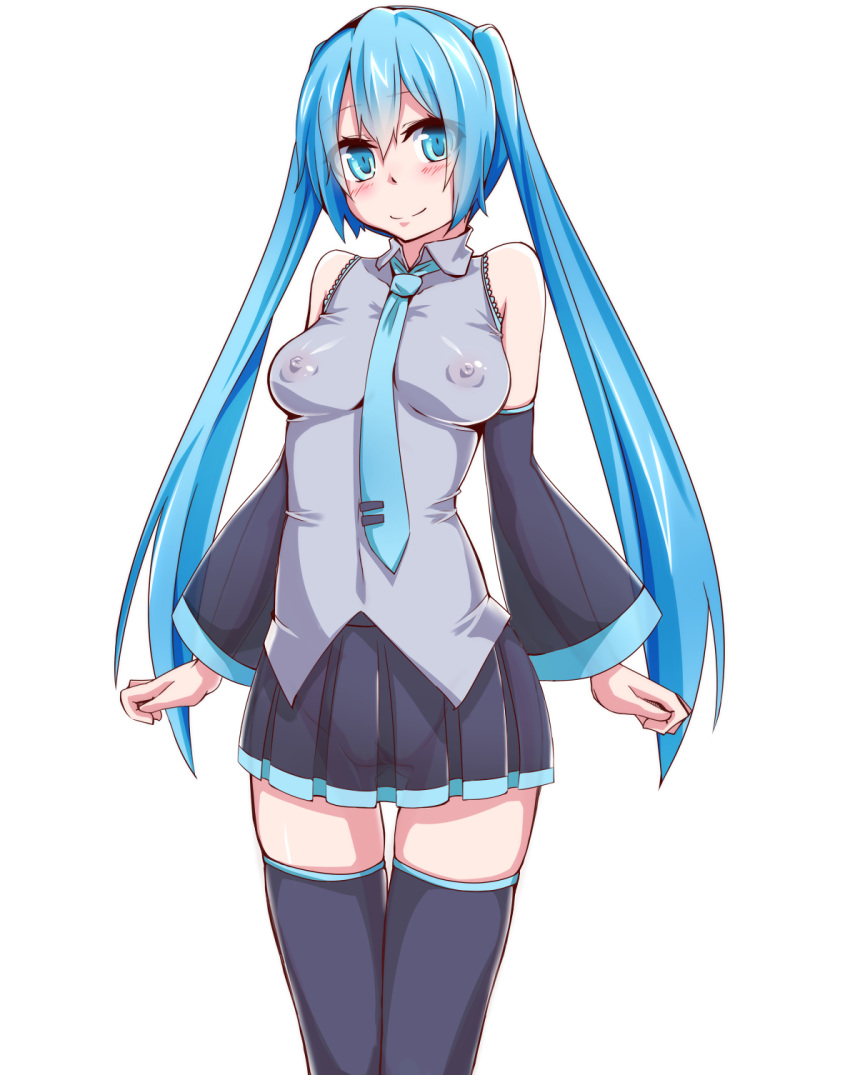 1girl aqua_eyes aqua_hair bad_id blush breasts covered_nipples detached_sleeves erect_nipples hatsune_miku highres long_hair miku_hatsune mujakuma necktie no_bra no_panties pussy see-through simple_background skirt smile solo thigh_gap thighhighs twin_tails twintails very_long_hair vocaloid white_background
