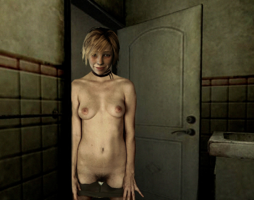 1girl blonde_hair blush breasts creepy door doorknob heather_mason navel nude panty_pull pubic_hair pussy silent_hill silent_hill_3 smile solo tikbana underwear undressing