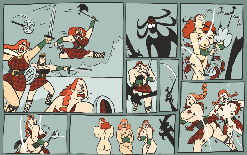 ashi_(samurai_jack) ass axe battle battle_axe big_ass big_breasts blush breasts cartoon_network comic covering covering_breasts covering_crotch embarrassed embarrassing enf flora_(samurai_jack) freckles funny grin long_hair looking_back looking_down maeve_(samurai_jack) monster monster_girl multiple_girls muscle muscular_female nipples nude red_hair ripped_clothes ripped_clothing samrockwell420 samurai_jack sexy shield smile sword the_scotsman's_daughters torn_clothes torn_clothing weapon