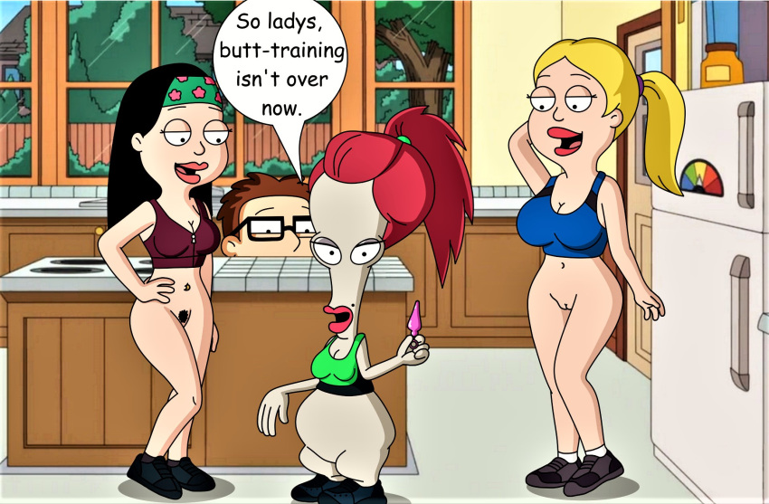 american_dad big_breasts bottomless buttplug crop_top francine_smith hayley_smith no_panties roger_(american_dad) shaved_pussy steve_smith thighs