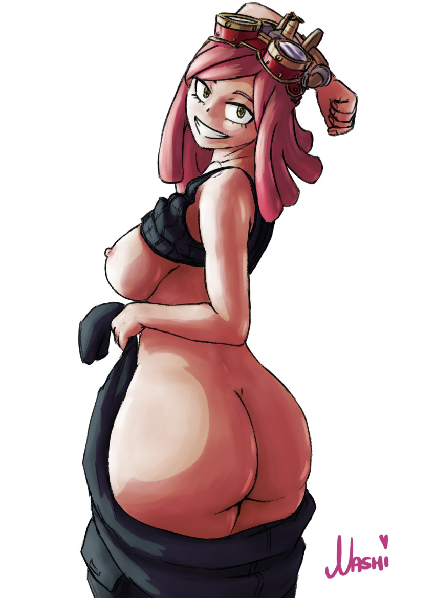 1_girl 1girl areola artist_name ass bare_ass bare_breasts bare_shoulders big_ass big_breasts big_butt black_shirt breasts butt dat_ass goggles goggles_on_head high_resolution huge_ass human human_only large_ass large_breasts long_hair looking_at_viewer looking_back mei_hatsume my_hero_academia nashi255 nipples no_bra no_panties no_underwear pink_hair round_ass shirt shirt_pull sideboob smile smiling symbol-shaped_pupils tank_top thick_ass uncensored undressing white_background